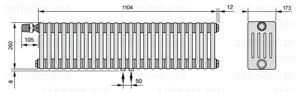 Схема (чертеж) Радиатор Zehnder Charleston 5026/24 №V007 Белый глянцевый RAL 9016
